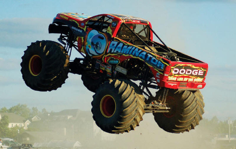 Raminator Monster Truck taking flight above the dusty air in the background