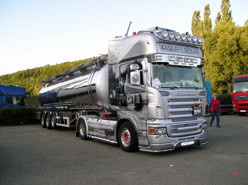 Fancy Scania R Series tanker truck at truck stop