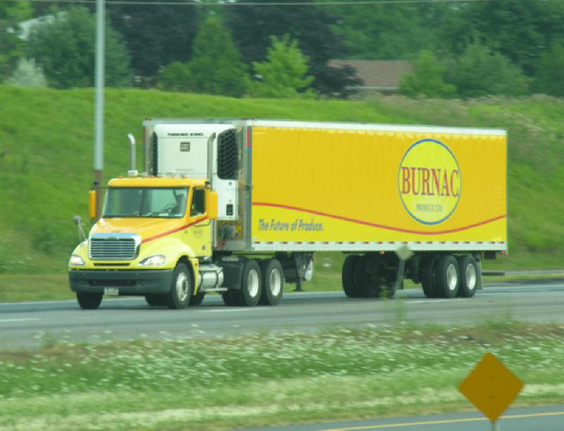 Yellow Freightliner trailer, Burnac produce near Toronto Canada