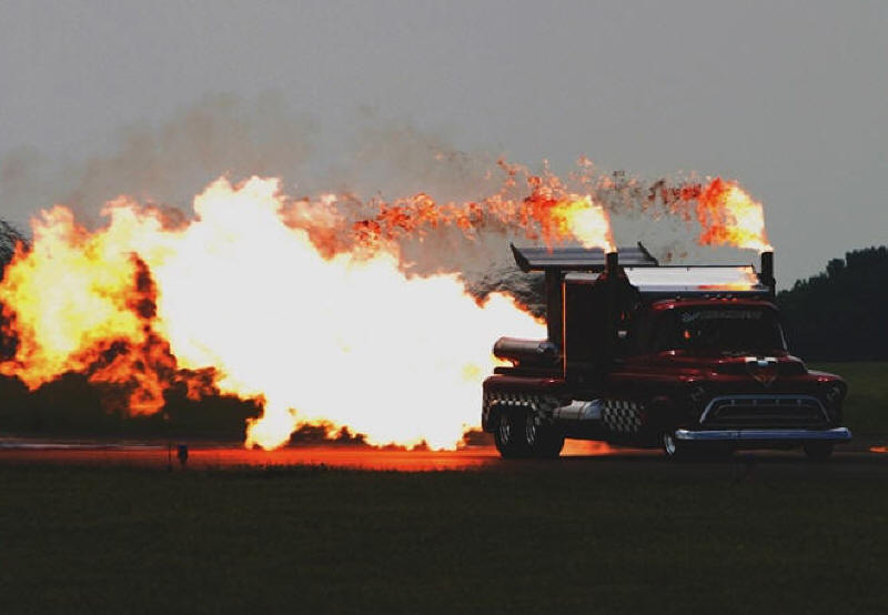 SUPER SHOCKWAVE Twin Engine Jet Truck lighting up with the the setting sun